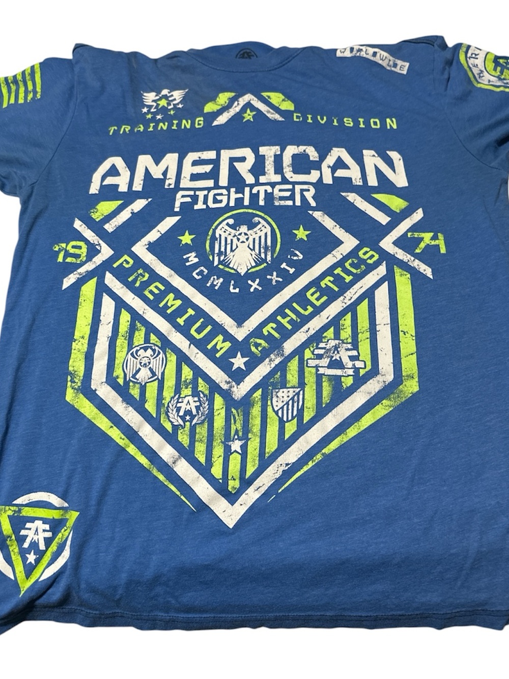 American Fighter Blue Short-Sleeve Graphic Tee with Neon Green Accents Large